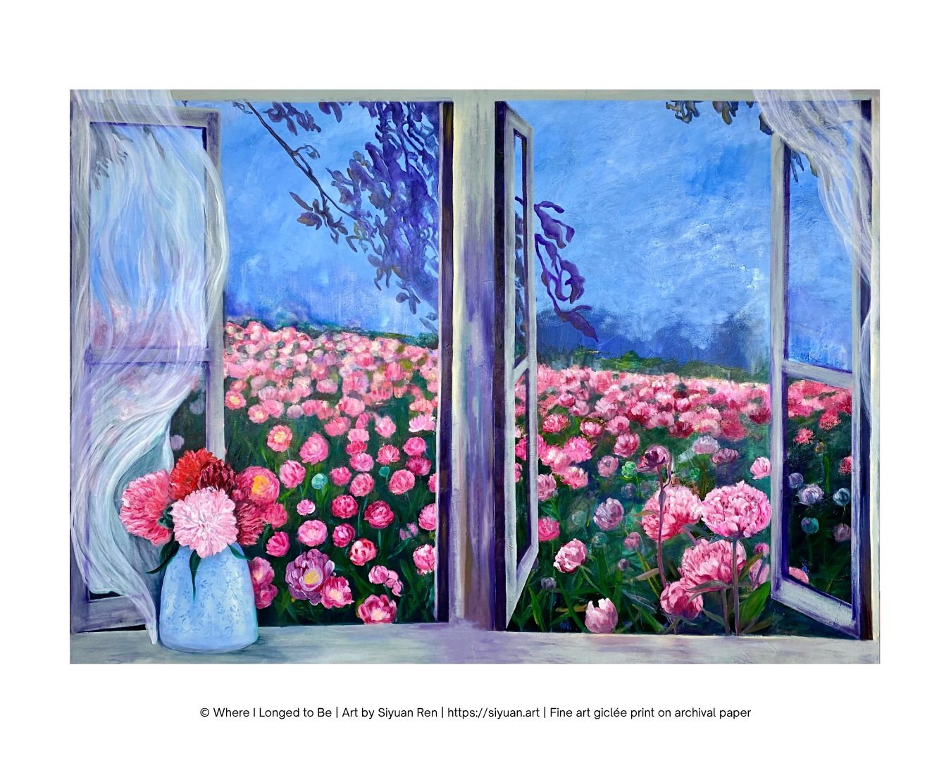 A square art print depicting a vibrant flower field with pink and red blossoms seen through open white window frames, with a blue vase of flowers in the foreground. The print is presented on a white background with a copyright notice at the bottom.