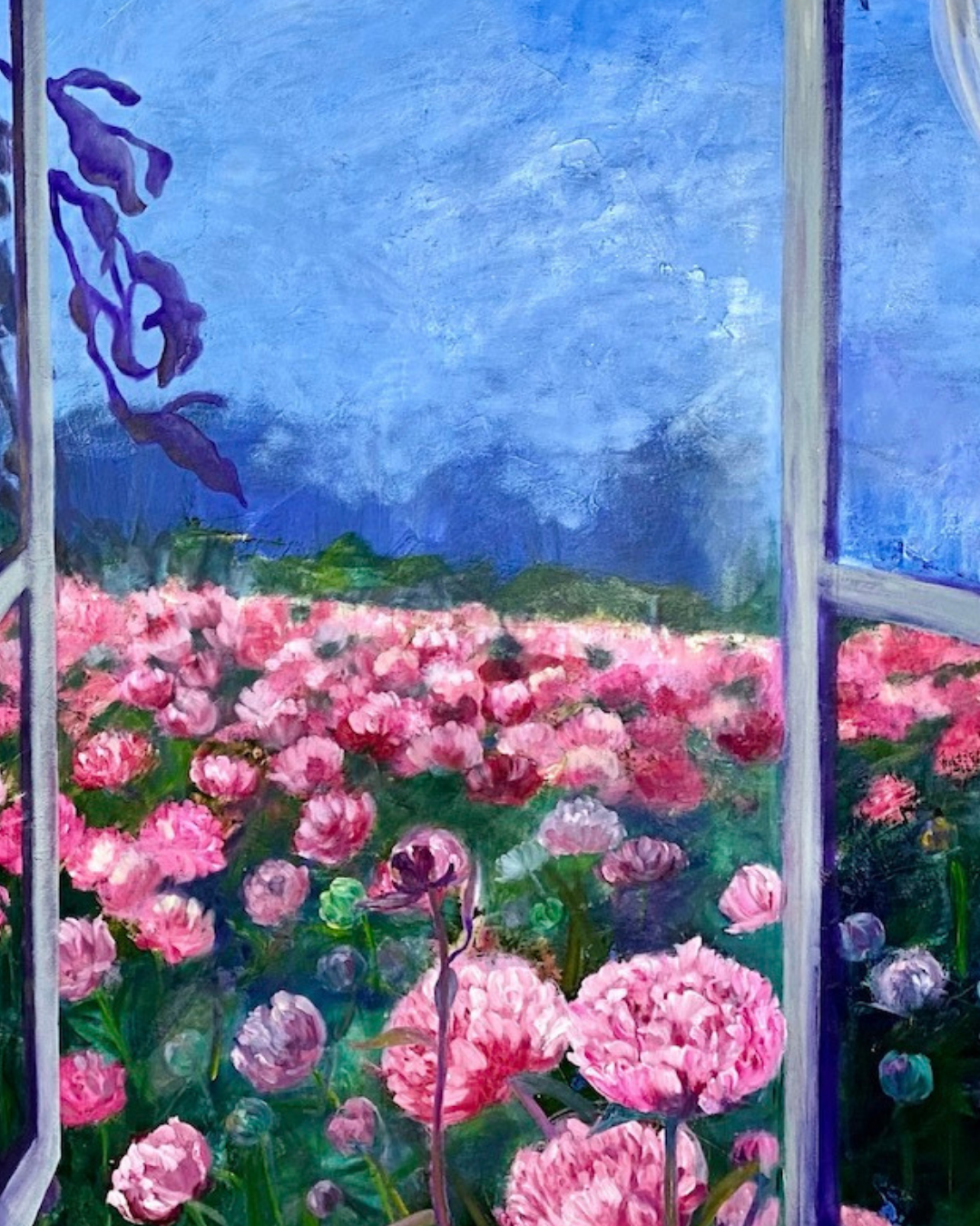 An impressionistic painting depicting a vibrant field of pink flowers viewed through a blue-framed window, with a bright blue sky and distant green hills.