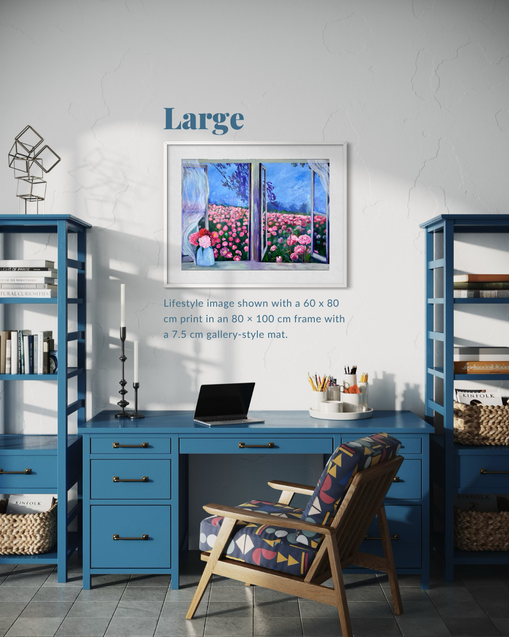 A framed wall art print showing a colorful tulip field scene, displayed in a styled home office setting with a blue desk, shelving, and chair. The image includes text overlays indicating the print size options: 'Large' and lifestyle dimensions of 80 x 100 cm in a 7.