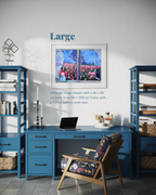 A framed wall art print showing a colorful tulip field scene, displayed in a styled home office setting with a blue desk, shelving, and chair. The image includes text overlays indicating the print size options: 'Large' and lifestyle dimensions of 80 x 100 cm in a 7.