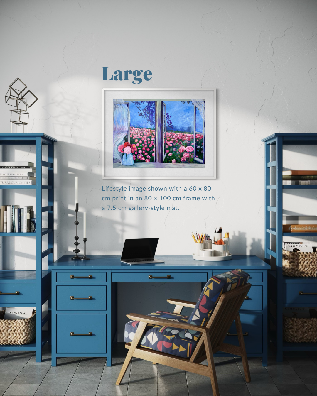 A framed wall art print showing a colorful tulip field scene, displayed in a styled home office setting with a blue desk, shelving, and chair. The image includes text overlays indicating the print size options: 'Large' and lifestyle dimensions of 80 x 100 cm in a 7.