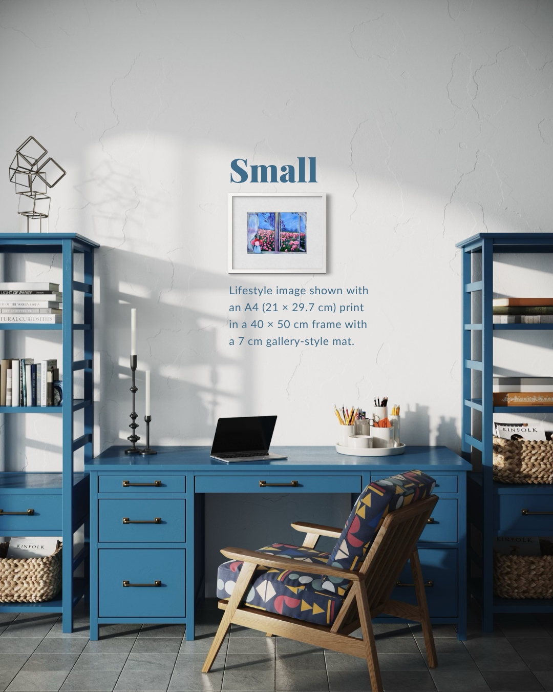 A styled interior room scene showing a blue desk, shelving, chair, and wall decor, with overlaid text reading 'Small' and a framed print example on the wall. This is not a clean isolated product shot and not a measurement chart, color swatch, or instruction diagram; it is a lifestyle/interior mockup presentation, so subject_type is Lifestyle.
