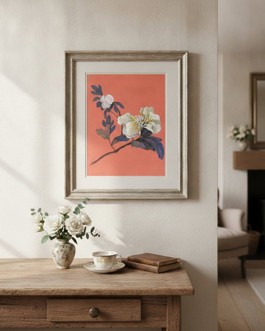 'White Peony on Peach Ground' Fine Art Print
