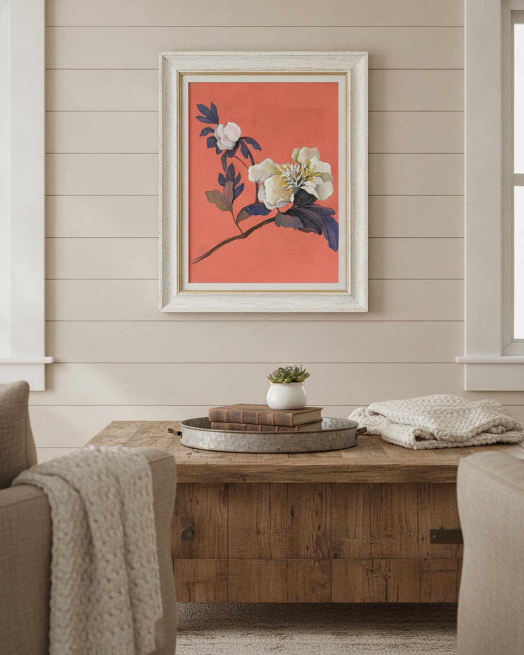 'White Peony on Peach Ground' Fine Art Print