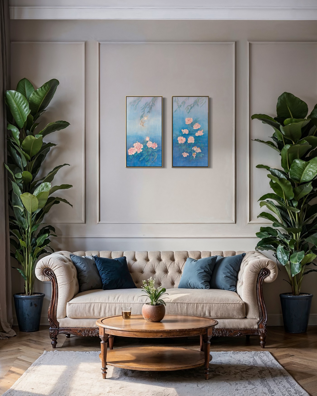 A styled living room featuring a beige tufted sofa with blue throw pillows, a round wooden coffee table, a light rug, and two large potted fiddle-leaf fig plants on either side of the wall. The wall has decorative molding and two vertical framed paintings with blue water, pink lotus flowers, and gold fish.