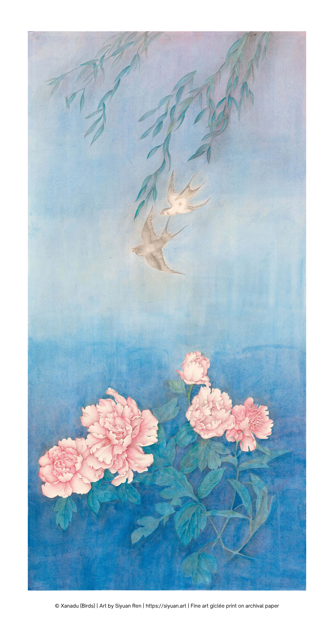 A vertical Japanese-style art print featuring pink peony flowers and green leaves against a soft blue background with hanging willow branches and two small birds near the top.
