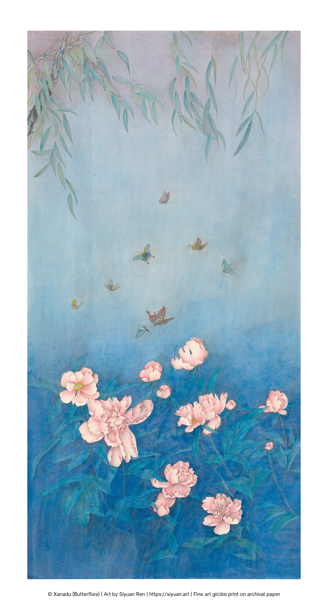 A vertical art print depicting a serene blue landscape with pink flowers, green willow leaves, and small butterflies, presented with white borders and a copyright line at the bottom.