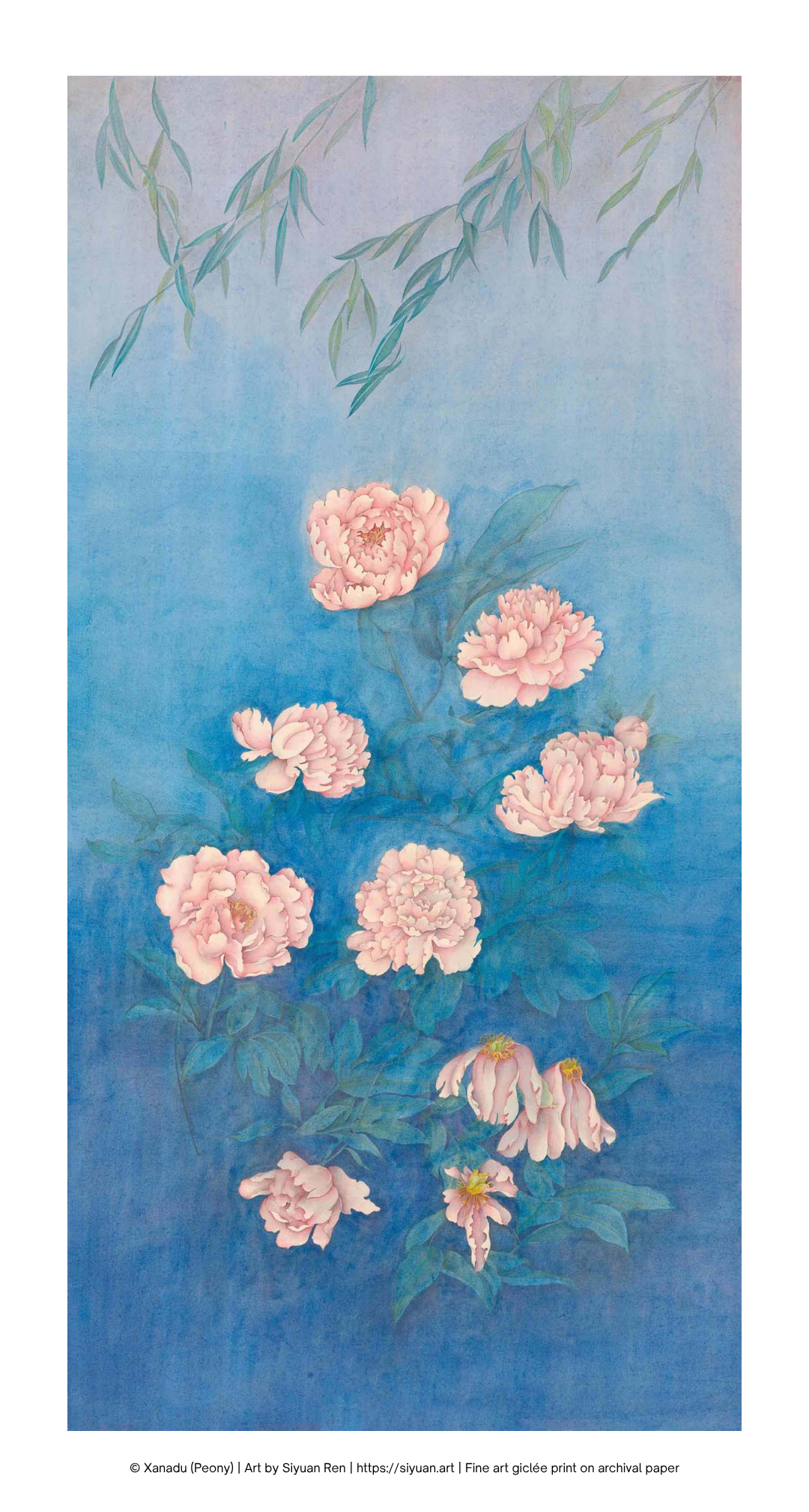 A vertical art print depicting pink peony flowers with green leaves against a textured blue background, with hanging willow branches at the top.