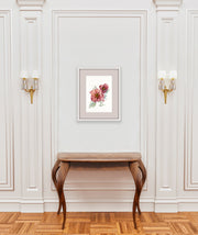 Framed Madame Louis Henry peony print hanging above table