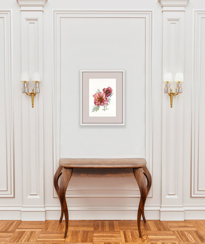 Framed Madame Louis Henry peony print hanging above table